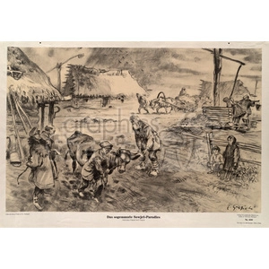 Monochrome Rural Agricultural Scene with People and Livestock