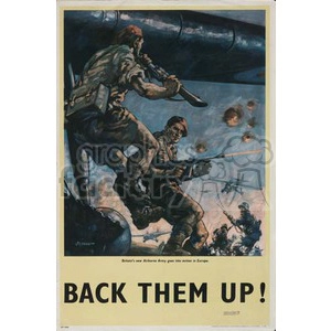 A vintage military-themed clipart image showing soldiers disembarking from an aircraft with weapons in a war zone. The scene depicts intense action, including explosions and aircraft flying in the background. The text on the poster reads 'Back Them Up! Britain's new Airborne Army goes into action in Europe.'