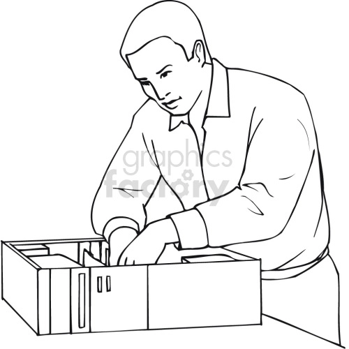 Line art illustration of a man fixing or assembling a computer.