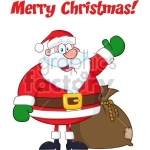 Happy Santa Claus Cartoon Mascot Character Waving  Vector Illustration With Text Merry Christmas