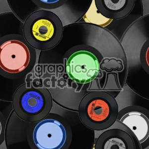 A colorful and dynamic clipart image featuring a collection of vinyl records with variously colored center labels.