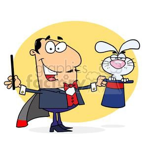 Cartoon Magician Performing Magic Trick with Rabbit and Hat