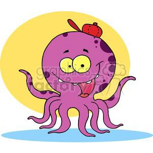 purple and black spotted Octopus wearing a Red Ball Cap in front of a Yellow Background 