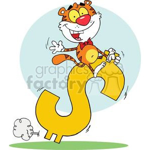 A cartoon illustration featuring a happy tiger character riding a large yellow dollar sign.