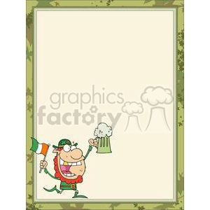 A festive clipart image with a border featuring green foliage. At the bottom left corner, there is a cheerful cartoon leprechaun holding an Irish flag in one hand and a frothy mug of beer in the other, celebrating St. Patrick's Day.