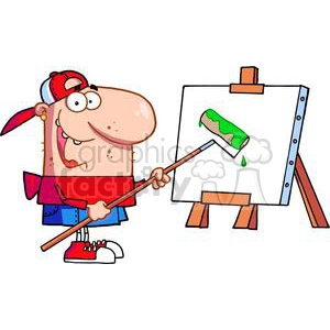 Artist In A Red Shirt and Blue Shorts Uses Roller on Canvas