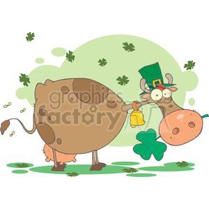 This clipart image features a humorous portrayal of a cow wearing a green top hat with a shamrock. The cow has spots, is chewing on a bell, and appears to be in a field with clovers around it. There are additional green clovers in the background, suggesting a St. Patrick's Day theme.