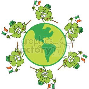 Six Happy Little Shamrocks Wearing Hats Makes A Toast with Green Beer On Globe