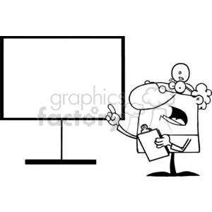 A black and white clipart image of a doctor pointing at a blank presentation board while holding a clipboard.