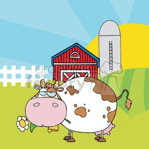 This image depicts a humorous, cartoonish farm scene with a prominent cow in the foreground. The cow is white with brown spots, wearing glasses, and chewing on a flower. In the background, there is a traditional red barn with a silo beside it, all set against a sunny sky with green hills. A white picket fence is partially visible to the left.