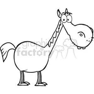A black and white cartoon clipart image of a funny looking horse with bulging eyes.