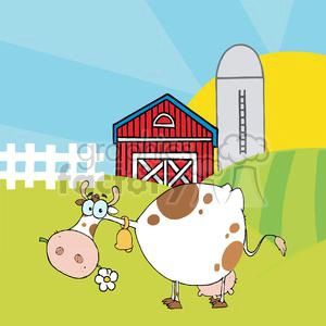 Cartoon Cow and Red Barn on a Sunny Farm