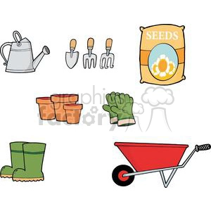 Clipart image of gardening tools including a watering can, hand trowel, hand fork, seed packet, flower pots, gardening gloves, rubber boots, and a wheelbarrow.