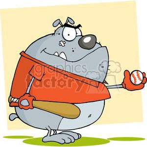 A cartoon-drawn dog in a red shirt and gloves holding a baseball and bat, standing against a yellow background