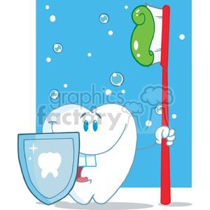 Happy Tooth Cartoon with Toothbrush and Shield - Dental Health