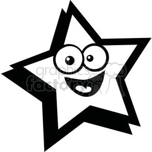 A black and white clipart image of a cartoon star with a happy face, featuring large, round eyes and a wide smile.