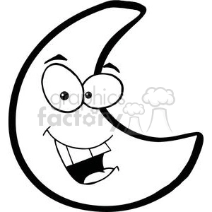 A black and white clipart image of a crescent moon with a cheerful, animated facial expression, featuring large eyes, a wide smile, and eyebrow details.
