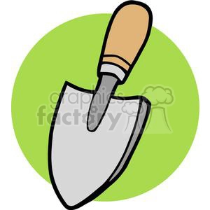 A clipart image of a garden trowel with a wooden handle and a metal blade, set against a green circular background.