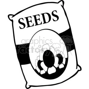 A black and white clipart image of a bag labeled 'SEEDS' with a graphic of flowers on it.