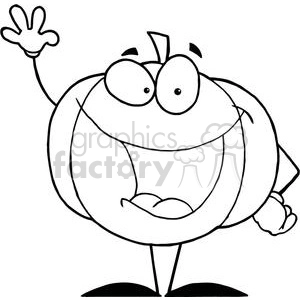 Black and white clipart image of a cartoon pumpkin with a happy expression, waving its hand.