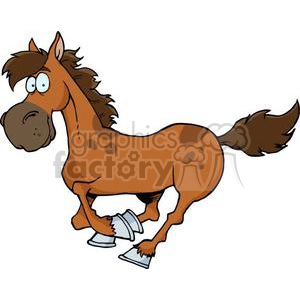 The image is a cartoon drawing of a galloping horse. It has a brown body, dark brown mane and tail, and a brown face. Its hooves are grey. It has a long, curved neck and a small head with two large eyes, two nostrils and two ears. 