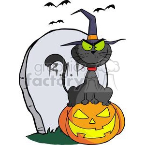 3225-Halloween-Cat-on-Pumpkin-Near-Tombstone-And-Bats