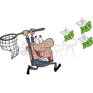A cartoon businessman jumps with joy while holding a net, chasing three flying dollar bills with wings, representing the pursuit of wealth.
