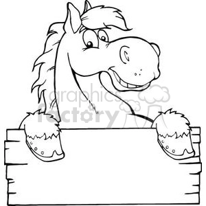 3362-Outlined-Happy-Cartoon-Horse-With-A-Blank-Sign