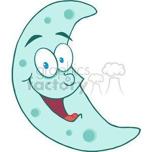 A cheerful, cartoon crescent moon character with a smiling face and blue eyes.