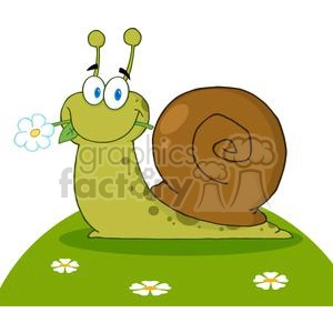 Cheerful Cartoon Snail with Flower on Grass