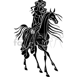 Black and white clipart of a woman riding a horse with wavy hair and elegant lines.