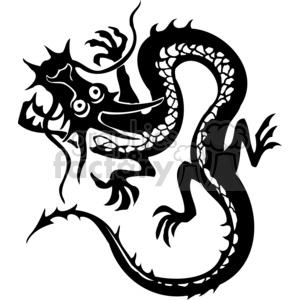 The image depicts a black and white clipart of a stylized Chinese dragon. The dragon has a fierce and animated expression with large eyes and an open mouth, showcasing its sharp teeth. Its body and tail are elongated and serpentine, with scales and various decorative curls and spikes.