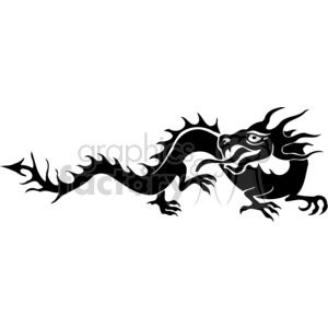 The image is a black and white clipart of a stylized Chinese dragon. The dragon is depicted with a long, winding body, sharp claws, and a mane that makes it look fierce and dynamic. It also has horns and a pointed tail. The design is made in a way that makes it suitable for vinyl cutting or other types of graphic applications such as decals, stickers, or T-shirt prints, hence the term vinyl-ready.