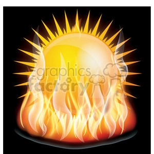 A vibrant clipart image of a glowing sun with fiery flames on a black background.