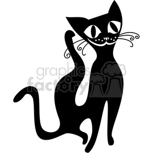 The image is a silhouette clipart of a black cat. The cat appears to be sitting with its tail curled upward, and it has stylized features such as large eyes and prominent whiskers. The background is white.