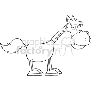 A humorous black and white clipart image of a cartoon horse with an exaggerated facial expression.