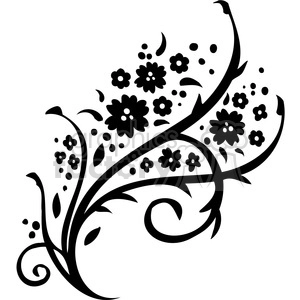 A black and white floral clipart illustration featuring multiple small flowers, leaves, and swirling stems.