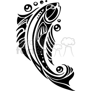 This is a black and white clipart image featuring a stylized fish, designed in a tribal tattoo art style. The fish has prominent, decorative elements such as swirls and patterns that mimic fins and scales, with a series of bubbles rising above.