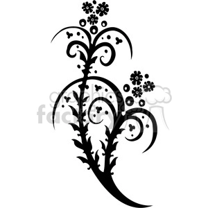 Black and white floral clipart image featuring abstract swirling vines, leaves, and flowers.