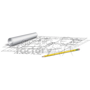 Clipart image featuring a rolled-up architectural blueprint and a pencil placed on a detailed house floor plan layout.