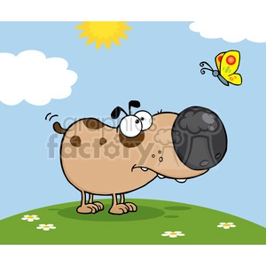 Funny Cartoon Dog and Butterfly on a Sunny Hill