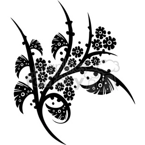 This clipart image features an intricate, black and white floral design with stylized flowers, leaves, and curved branches.