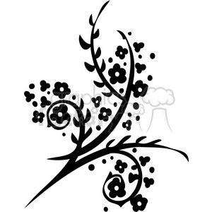 A decorative black floral design with numerous small flowers and leaves, featuring intricate swirls and dots, all set against a white background.