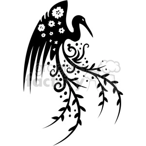 A black and white clipart image depicting a stylized bird, possibly a stork or crane, adorned with floral patterns and decorative swirls extending from its body.
