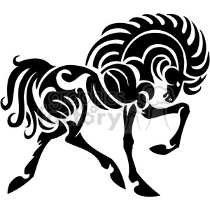 Black and white tribal-style clipart of a horse in a dynamic pose with flowing mane and tail.