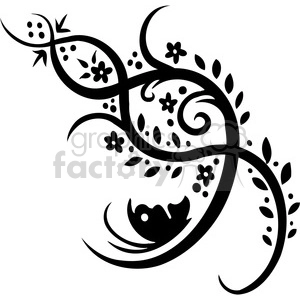 An intricate floral and vine clipart design featuring swirling lines, leaves, flowers, and dotted accents.
