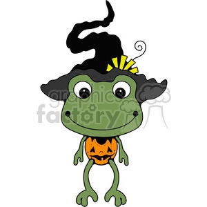 A cartoon frog dressed in a Halloween costume. The frog is wearing an orange outfit with a jack-o'-lantern face and a black witch's hat with yellow decorations.