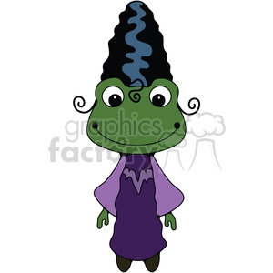 A whimsical cartoon frog character wearing a dark blue and black tall hat, with big eyes, prominent nostrils, and a wide smile. The frog is dressed in a purple robe with lavender sleeves, giving it a fun, magical appearance.