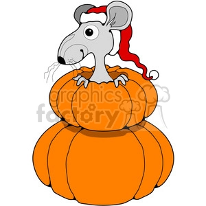 Clipart image of a cartoon mouse wearing a Santa hat, peeking out of the top of a large orange pumpkin.