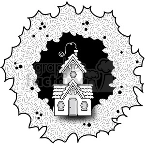 A clipart image depicting a house inside a Christmas wreath